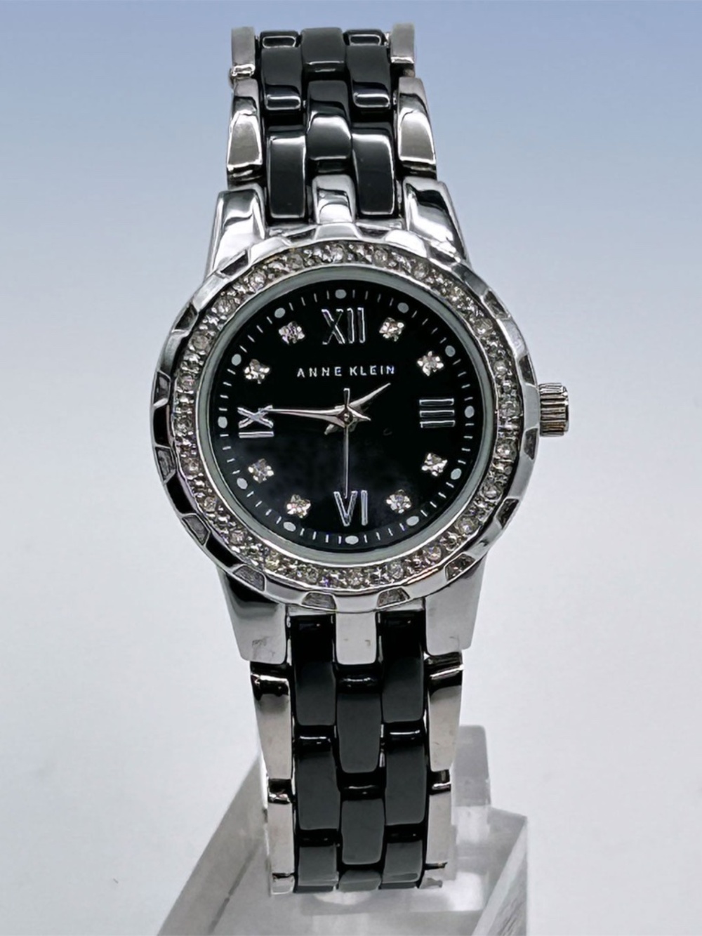 ANNE KLEIN Women's Black Ceramic & Silver-Tone Bracelet Crystal Accent Watch